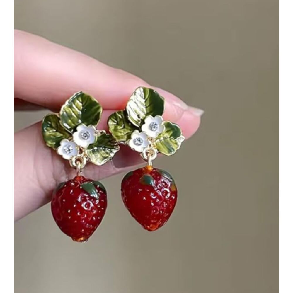 3D Red Strawberry Dangle Earrings Green enamel Leaves Crystal Accents